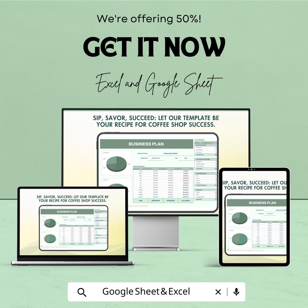 Coffee Shop Business Plan Template | Startup Excel & Google Sheet | Coffee Shop Financial Planner | Restaurant Business Plan