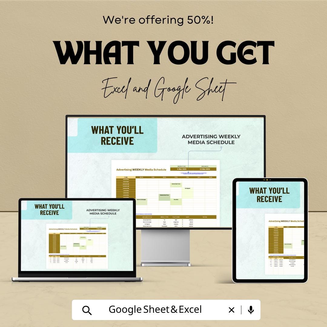Advertising Weekly Media Schedule Template | Ad Campaign Planner | Media Planning Sheet | Weekly Advertising Calendar | Budget Tracker