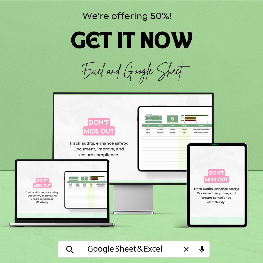 Workplace Safety Audit Tracking Sheet Template | Safety Audit Checklist & Tracker | Compliance Audit Log | Excel and Google Sheets