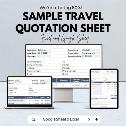 Sample Travel Quotation Sheet – Customizable Excel & Google Sheets Template for Travel Pricing and Booking – 50% OFF