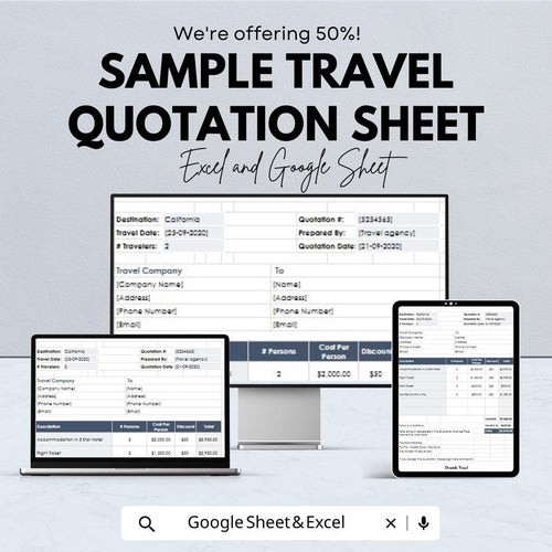 Sample Travel Quotation Sheet – Customizable Excel & Google Sheets Template for Travel Pricing and Booking – 50% OFF