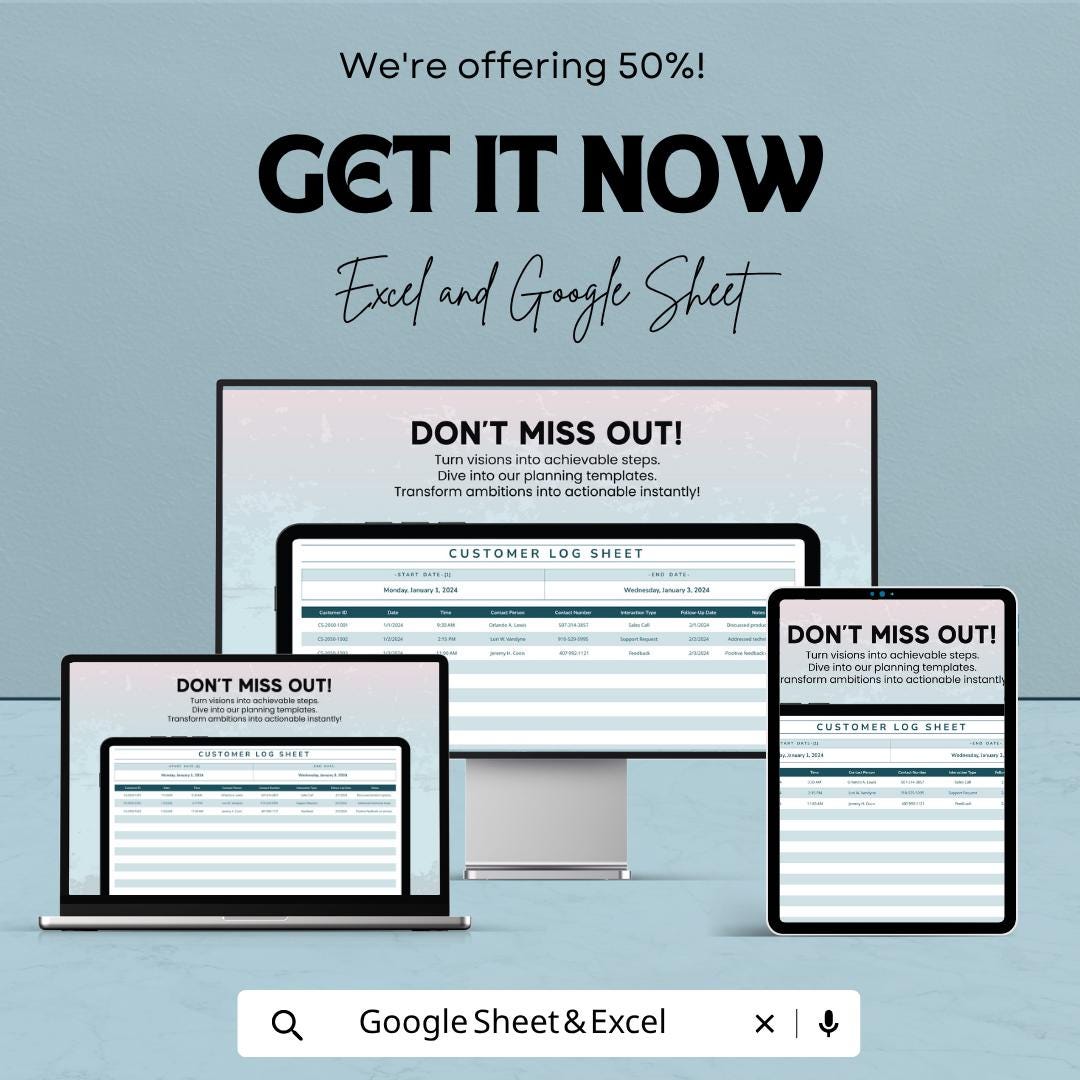 Customer Log Sheet Template | Customer Tracker Spreadsheet | Client Management Template | Excel & Google Sheets | CRM Organizer Sheet |