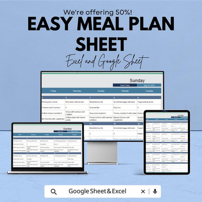Easy Meal Plan Sheet - Weekly Meal Planner for Simple and Organized Meal Prep - Excel and Google Sheet Template