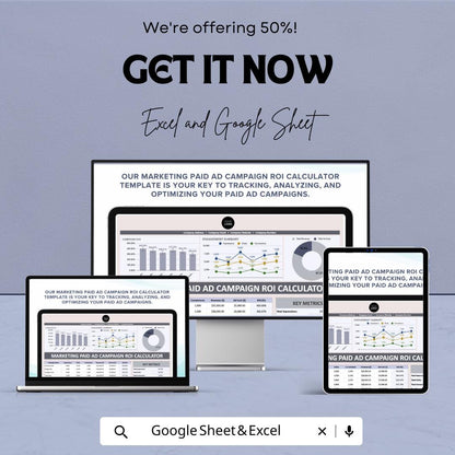 Marketing Paid Ad Campaign ROI Calculator Sheet - Excel & Google Sheet for Ad Performance Analysis