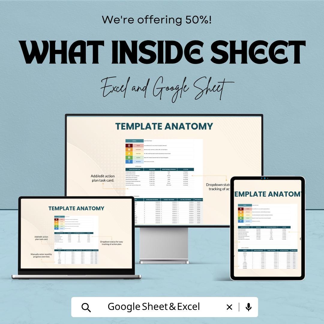 SMART Goals Template | Goal Setting Spreadsheet | Productivity Planner | Action Plan Tracker | Excel & Google Sheets | Goal Tracker Sheet