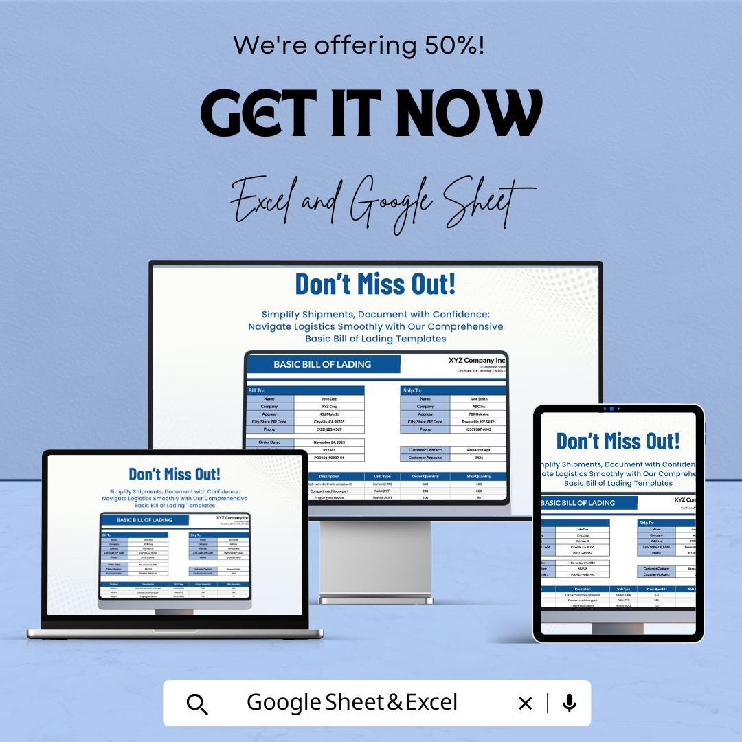 Basic Bill of Lading Template - Excel & Google Sheets, Shipping Documentation, Freight Bill, Logistics Tracker, Digital Download,