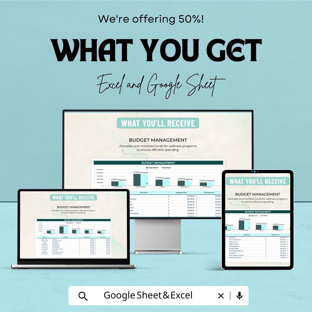 Employee Wellness Budget Management Sheet - Excel and Google Sheet | Track Wellness Program Budget & Expenses | Monthly Budget Tracker |