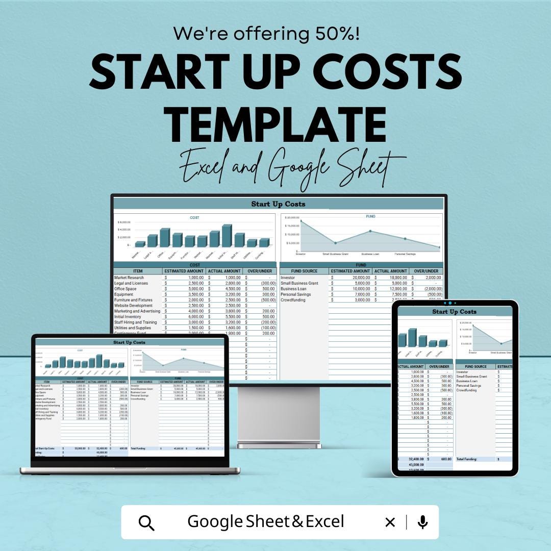 Start Up Costs Template | Startup Budget Spreadsheet | Business Expense Tracker | Excel & Google Sheets