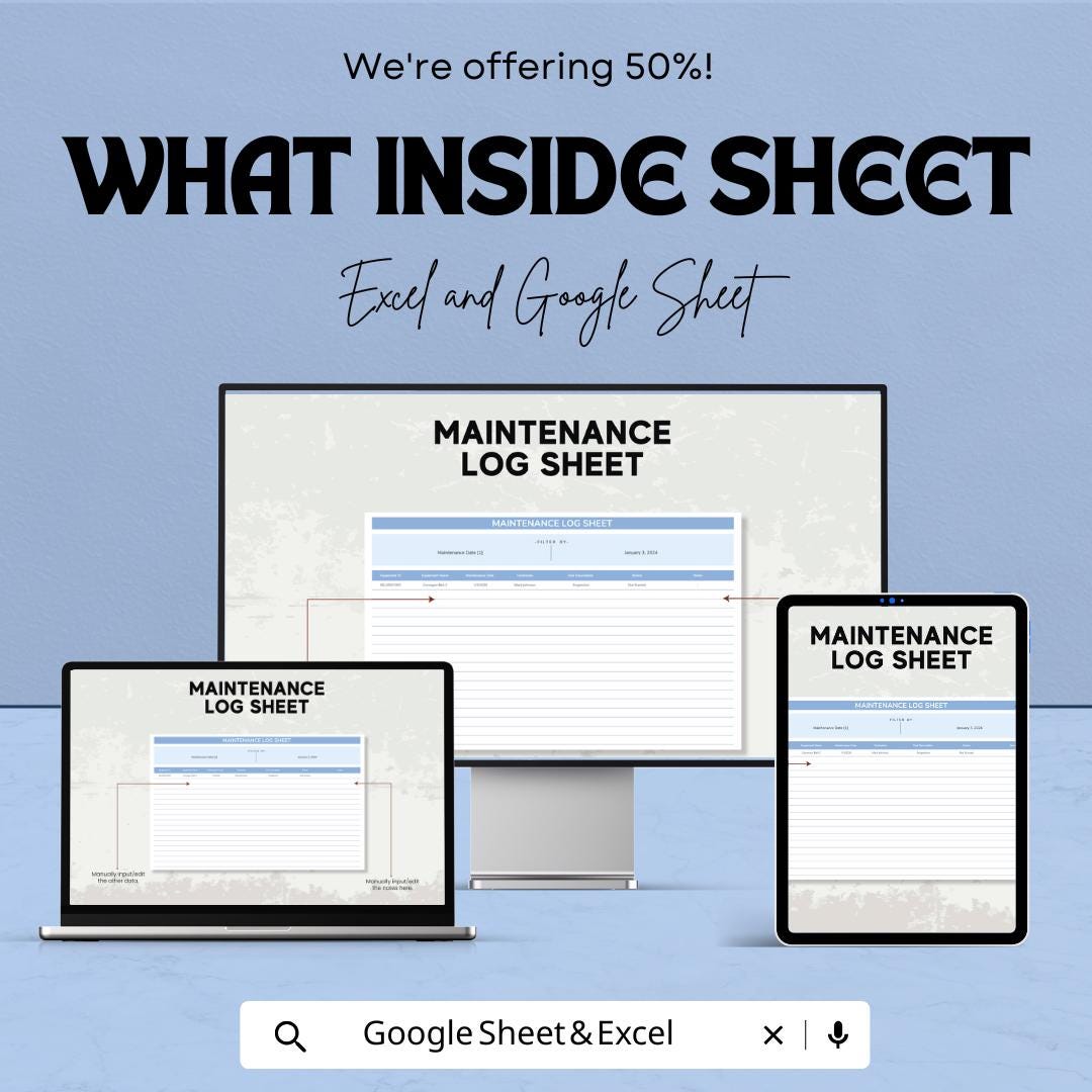 Maintenance Log Sheet Template | Equipment Service Record | Machine Maintenance Tracker | Workplace Maintenance Form