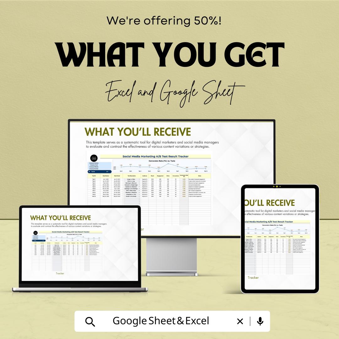 Social Media Marketing A/B Test Result Tracker Template | AB Testing Spreadsheet | Conversion Rate Tracker | Marketing Analytics Tool