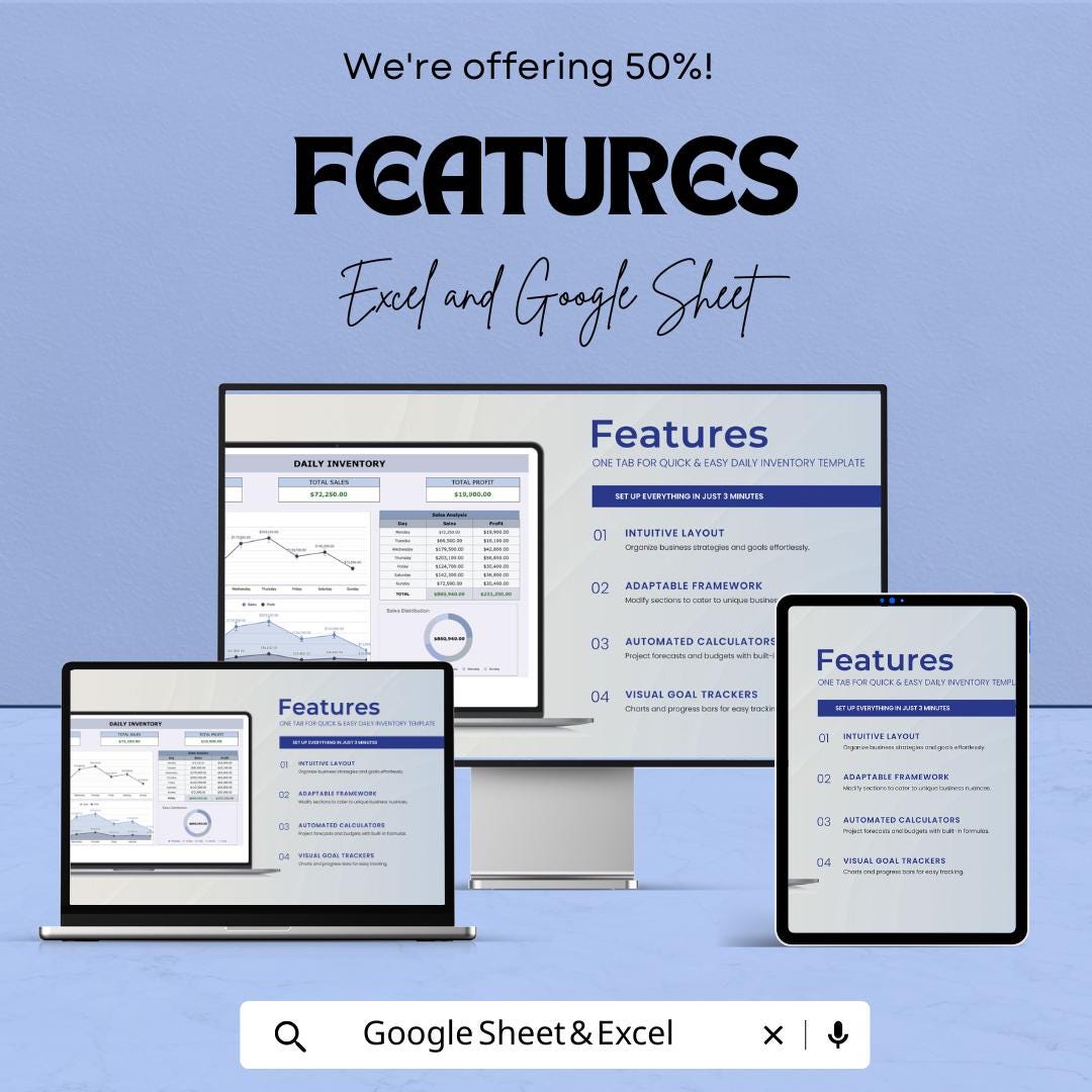 Daily Inventory Sheet Template for Excel and Google Sheets | Track Sales & Profit with Ease | Customizable Daily Sales Tracker