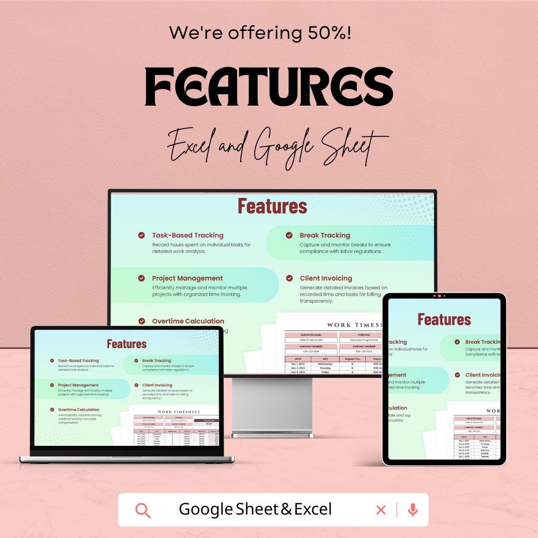 Work Timesheet Sheet for Employee Hours | Track Work Hours, Overtime, and Payroll | Excel and Google Sheet Template