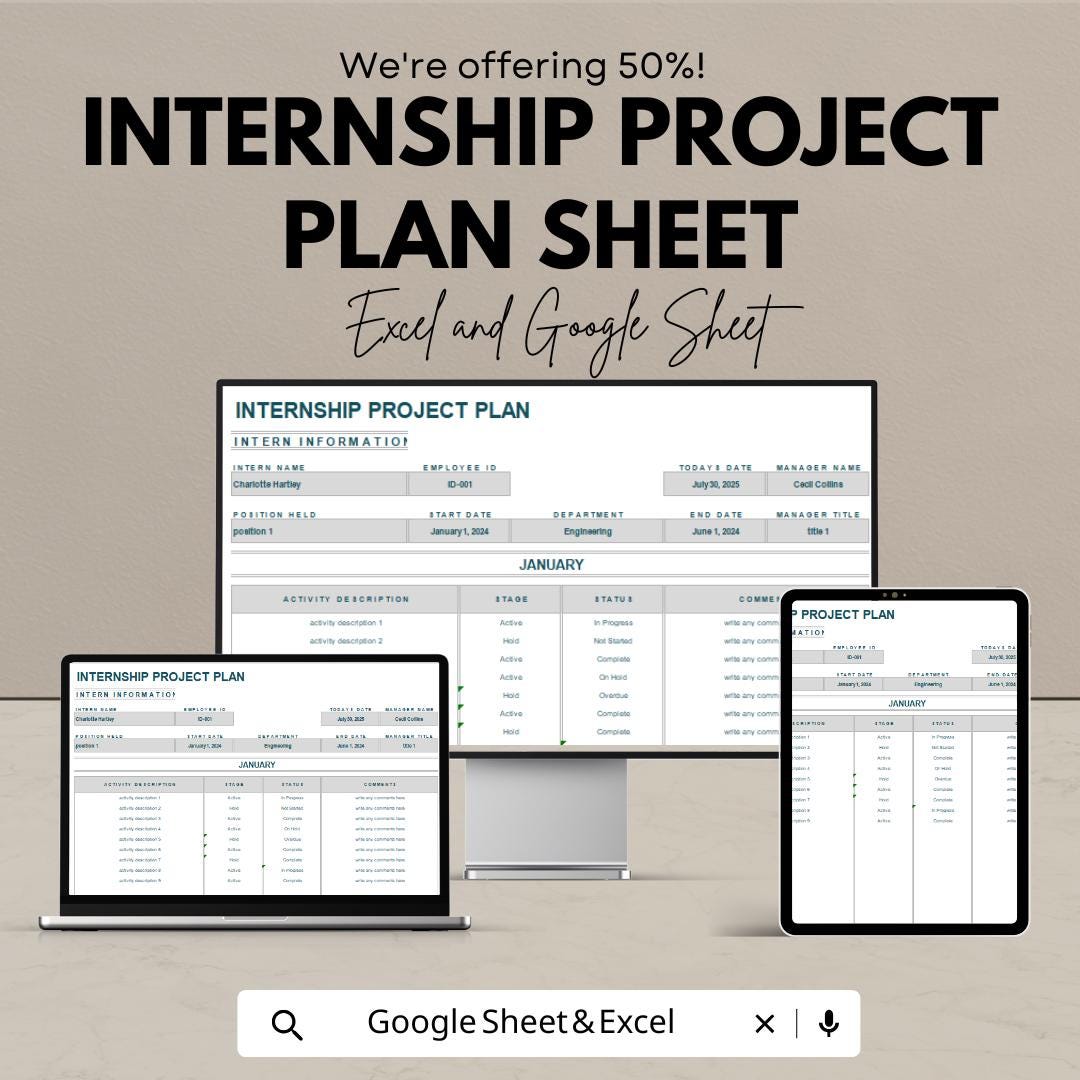 Internship Project Plan Sheet | Excel & Google Sheets Template | Internship Tracking | Activity Management Template | Project Plan Template