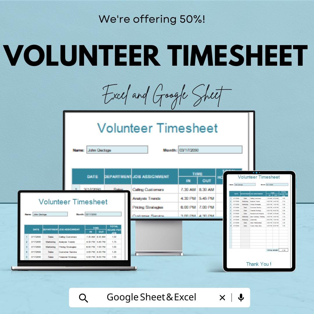 Volunteer Timesheet Template for Excel and Google Sheets - Track Hours & Tasks for Volunteers - Customizable Time Tracking Spreadsheet