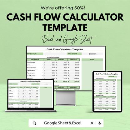 Cash Flow Calculator | Budget Planner Spreadsheet | Income & Expense Tracker | Monthly Financial Planner Template