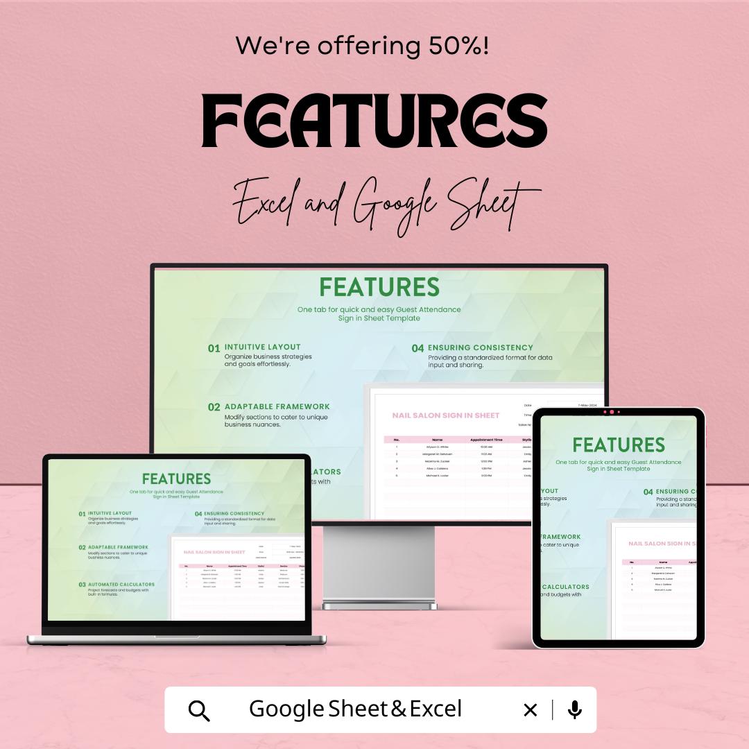 Nail Salon Sign-in Sheet Template - Excel and Google Sheets - Salon Appointment Scheduling - Track Clients & Services - Easy to Use