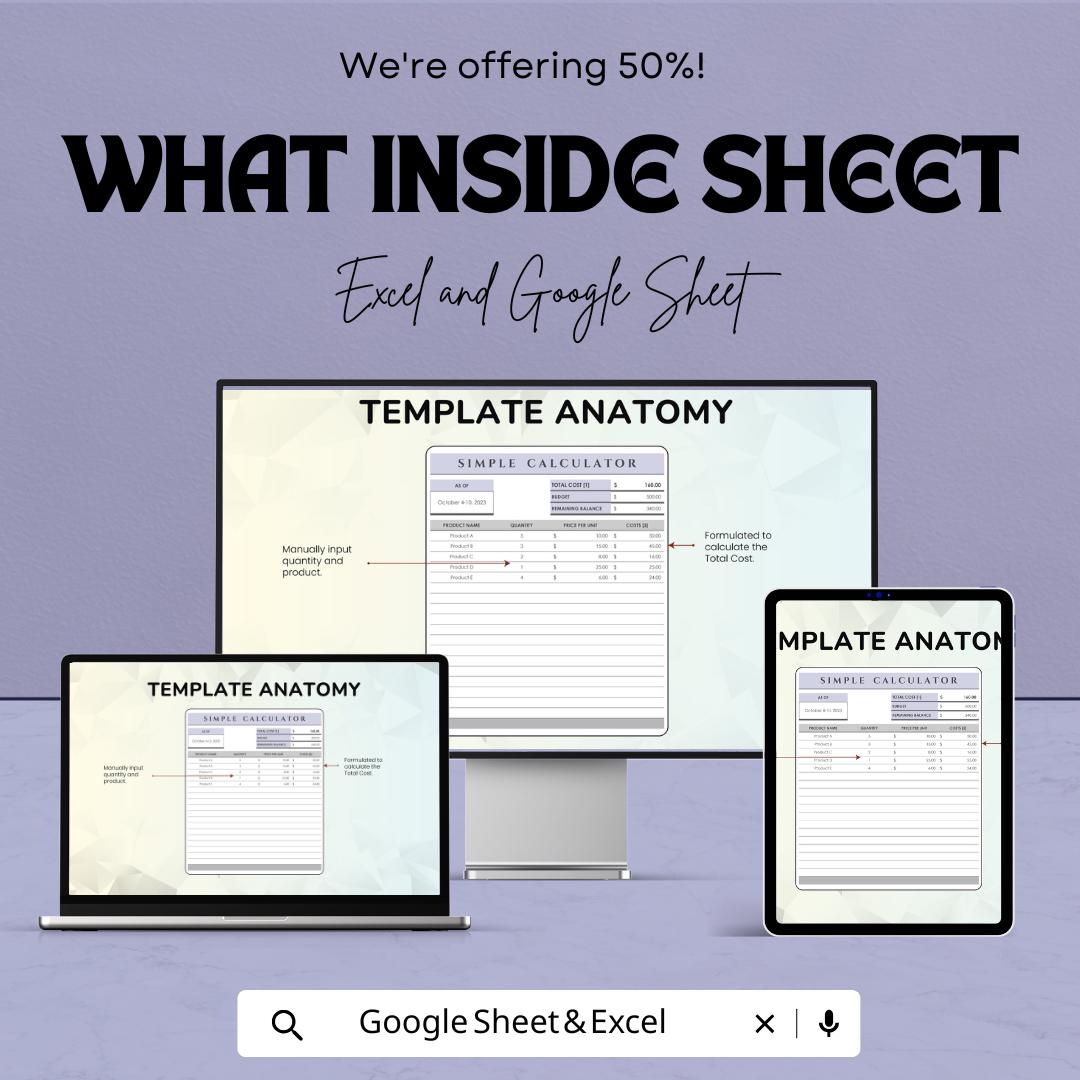Simple Calculator Sheet | Google Sheets  | Budgeting & Cost Calculation Tool | Easy-to-Use Expense Tracker | Customizable Spreadsheet