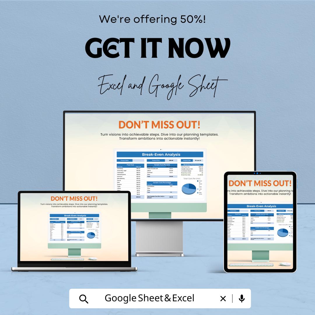 Break Even Analysis Spreadsheet Template | Break Even Calculator | Business Profit Analysis Tool | Financial Planning Spreadsheet