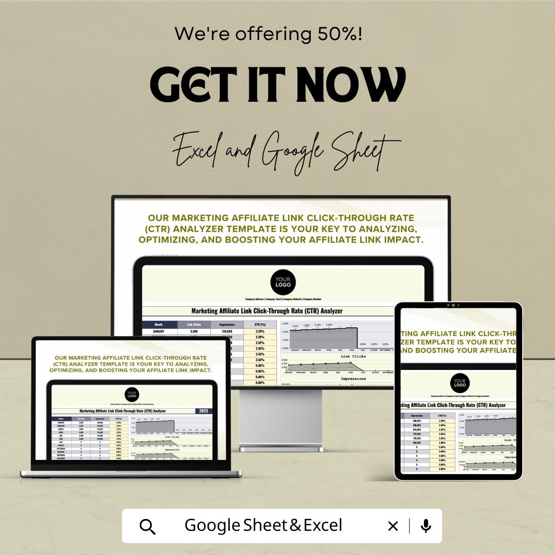 Marketing Affiliate CTR Analyzer Template | Affiliate Link Analytics | CTR Dashboard Spreadsheet | Marketing Performance Template