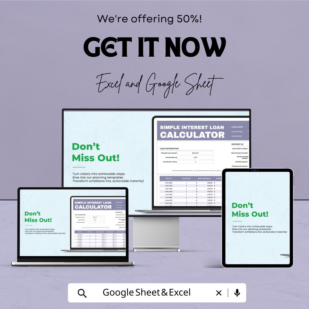 Simple Interest Loan Calculator Sheet | Excel and Google Sheet | Financial Planning Template | Budget & Loan Management | Easy-to-Use