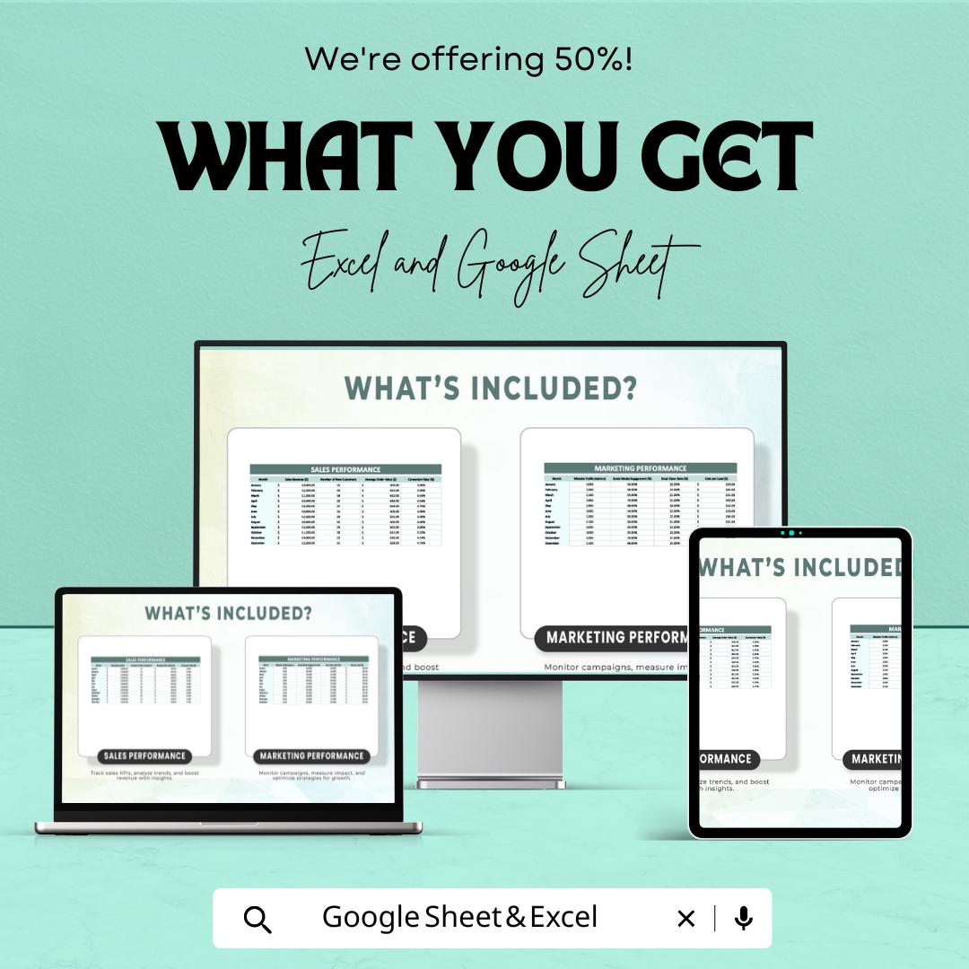 KPI Tracker Sheet | Google Sheets & Excel | Sales, Marketing and Operations Performance Tracking | Business Metrics Dashboard |