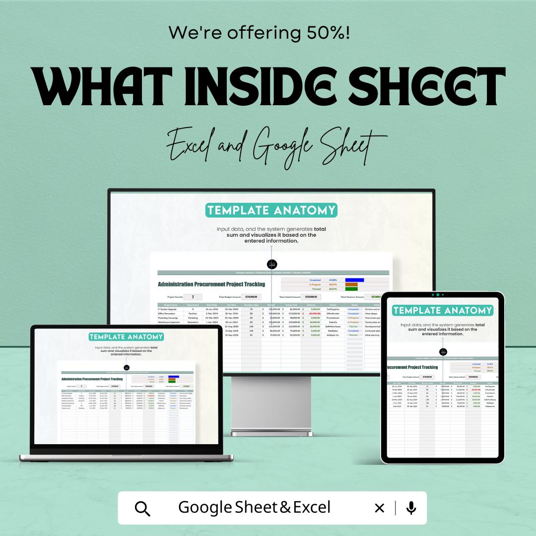 Administration Procurement Project Tracking Template, Procurement Tracker, Purchase Management Spreadsheet, Excel & Google Sheets