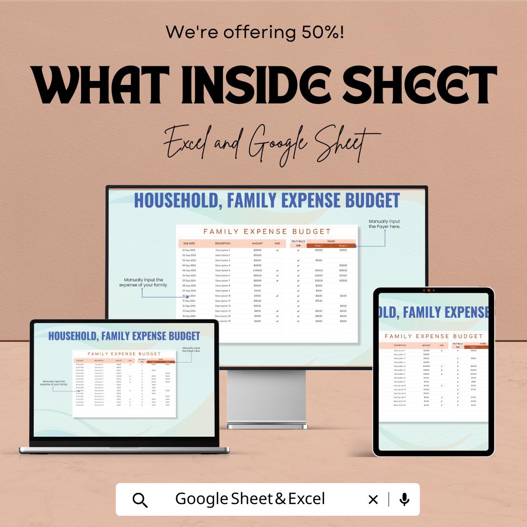 Household Family Expense Budget Template | Monthly Budget Planner | Family Finance Tracker | Expense Spreadsheet