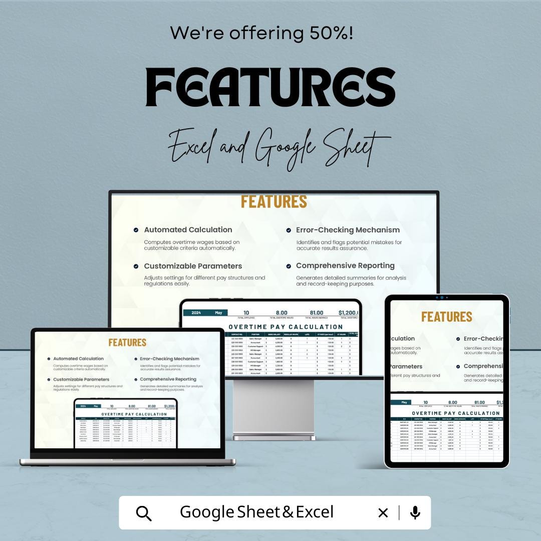 Finance Overtime Pay Calculation Template | Employee Hours Tracker | Automated Overtime Calculator | Payroll Spreadsheet