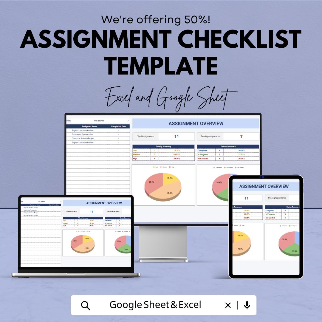 Assignment Checklist Template | Student Assignment Tracker | Homework Planner Spreadsheet | Excel & Google Sheets Checklist |