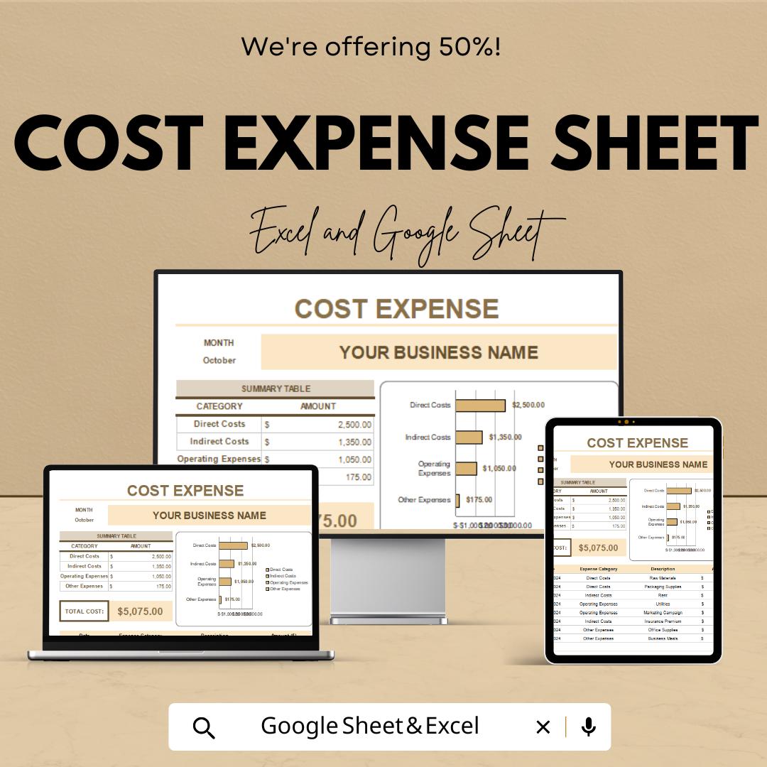 Cost Expense Sheet | Excel & Google Sheets | Monthly Expense Tracker | Customizable Budgeting Tool | Business Financial Planning Template