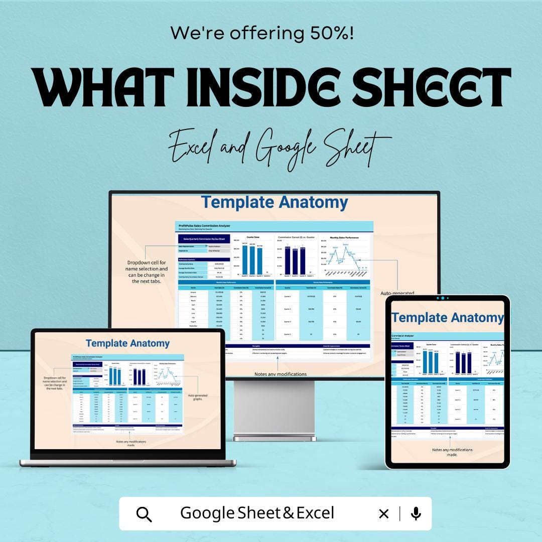 Sales Quarterly Commission Review Sheet Template | Commission Tracker Google Sheets | Sales Performance Dashboard | Incentive Calculator |