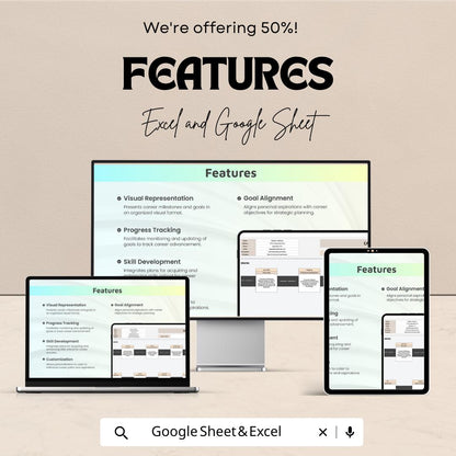 Career Roadmap Overview Sheet - Excel & Google Sheets Template for Career Planning, Goal Setting, and Milestone Tracking - 50% Off