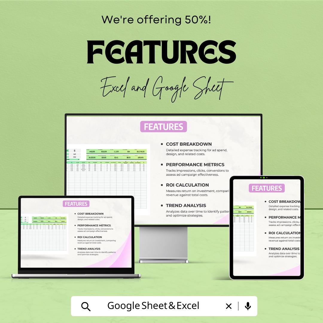 Social Media Advertising Campaign Cost Analysis Template | Ad Spend Tracker Spreadsheet | ROI & Performance Analysis