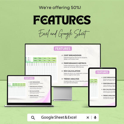 Social Media Advertising Campaign Cost Analysis Template | Ad Spend Tracker Spreadsheet | ROI & Performance Analysis