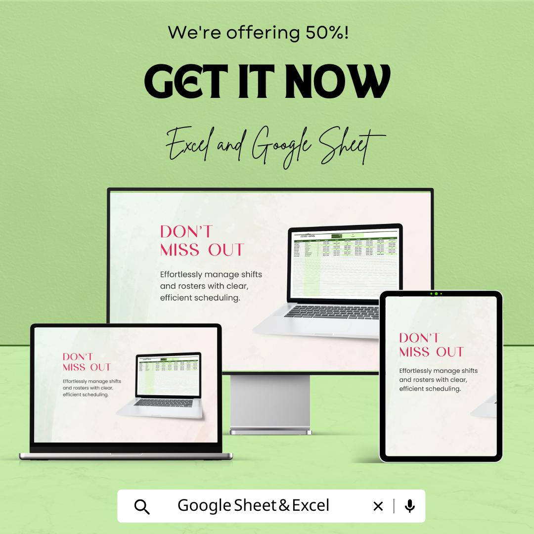 Administration Staff Roster and Shift Schedule Template | Excel & Google Sheets | Employee Work Schedule | Staff Shift Planner