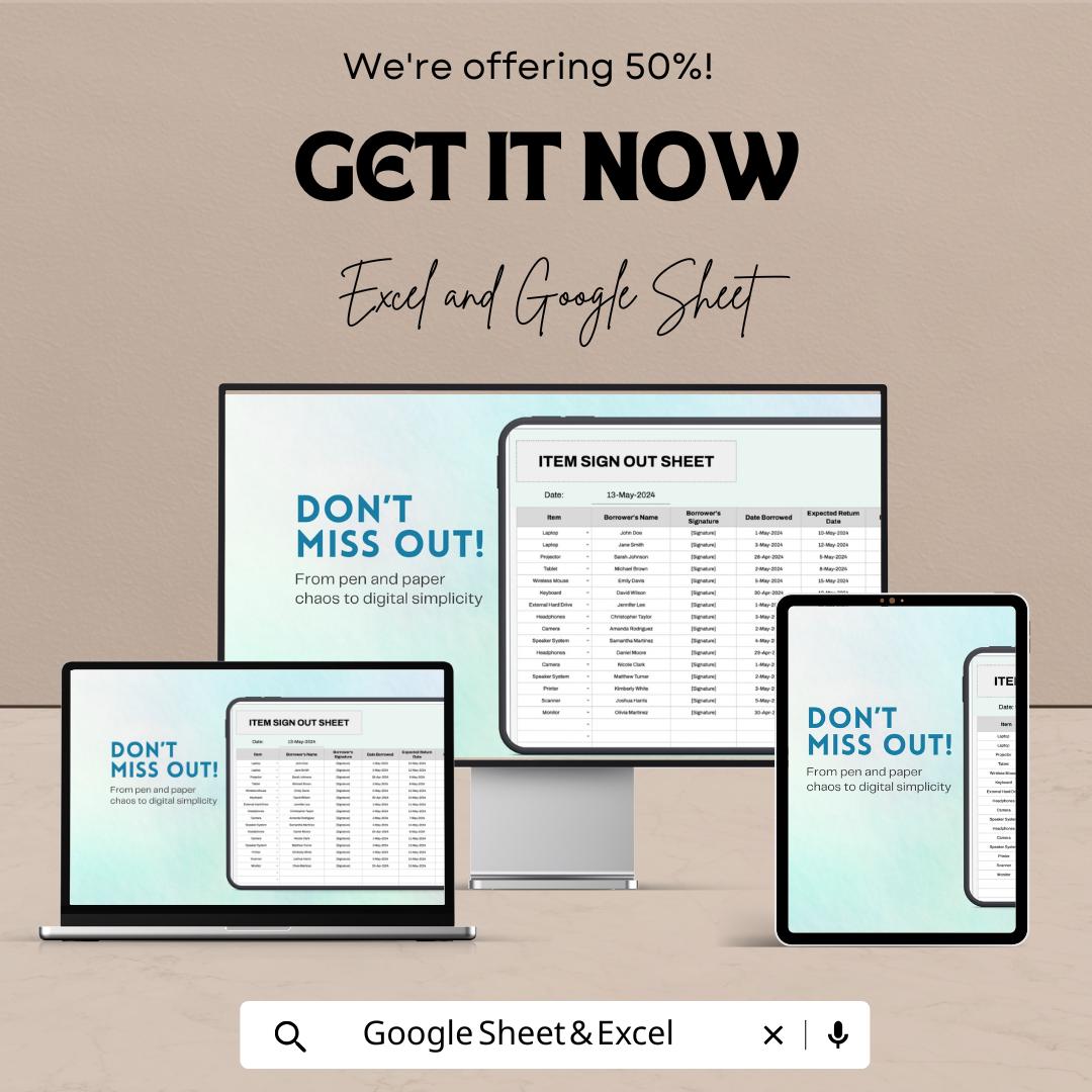 Item Sign Out Sheet - Excel and Google Sheet Template for Item Tracking | Borrowers, Return Dates, Condition & More