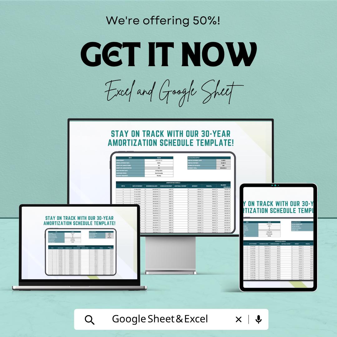 30 Year Amortization Schedule Template | Loan Payment Calculator Sheet | Mortgage Amortization Template | Loan Tracker Sheet