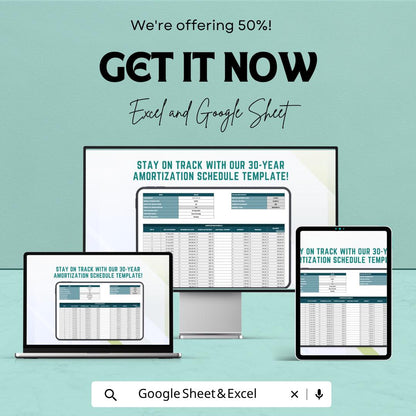 30 Year Amortization Schedule Template | Loan Payment Calculator Sheet | Mortgage Amortization Template | Loan Tracker Sheet