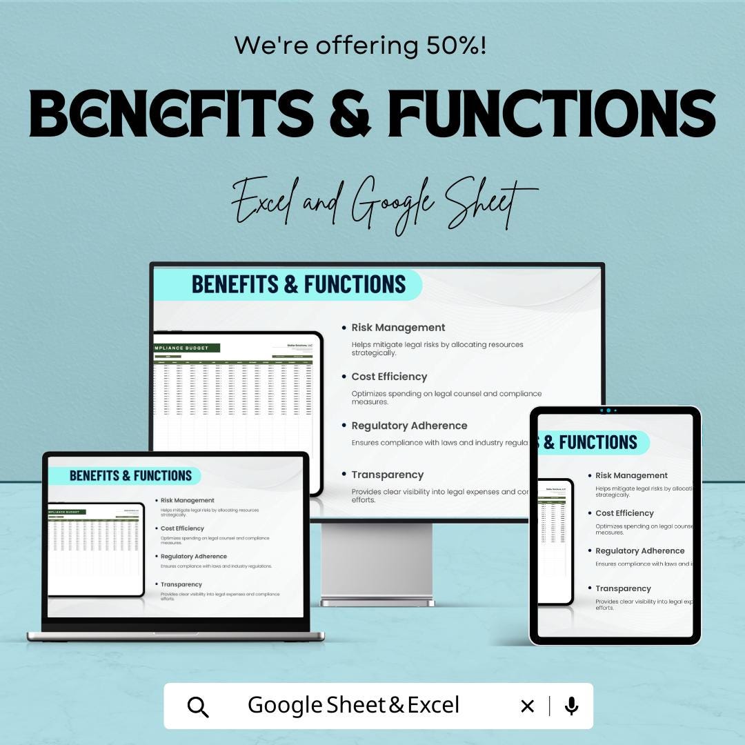 Legal and Compliance Budget Template | Legal Expense Tracker | Compliance Budget Spreadsheet | Business Budget Planner