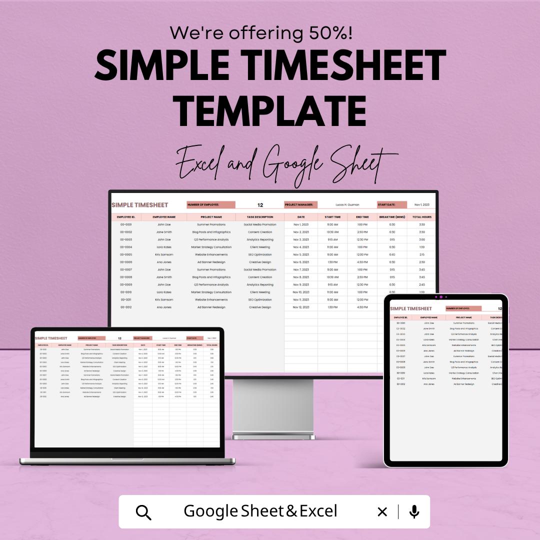 Simple Timesheet Template | Employee Timesheet Spreadsheet | Work Hours Tracker Template | Daily Time Log Sheet