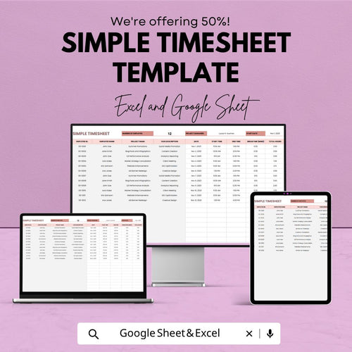 Simple Timesheet Template | Employee Timesheet Spreadsheet | Work Hours Tracker Template | Daily Time Log Sheet