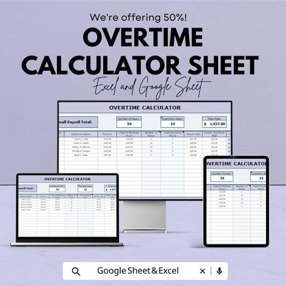 Overtime Calculator Sheet | Excel & Google Sheet Template | Payroll Management Tool | Time Tracker | Employee Overtime Tracker