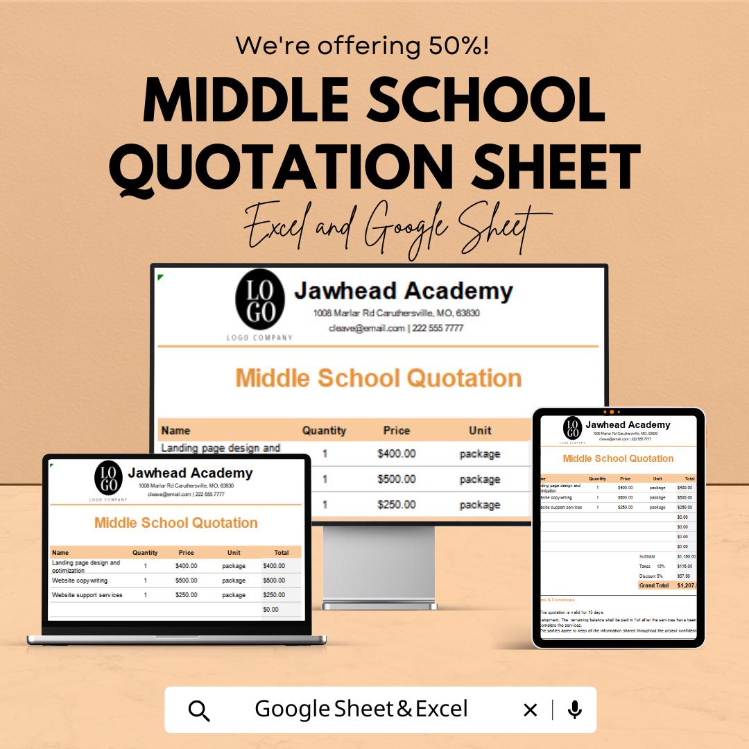 Middle School Quotation Sheet | Editable Excel & Google Sheets Template | Customizable Pricing Sheet for Schools | Instant Download