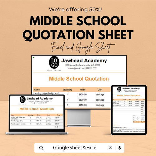 Middle School Quotation Sheet | Editable Excel & Google Sheets Template | Customizable Pricing Sheet for Schools | Instant Download