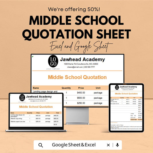 Middle School Quotation Sheet | Editable Excel & Google Sheets Template | Customizable Pricing Sheet for Schools | Instant Download