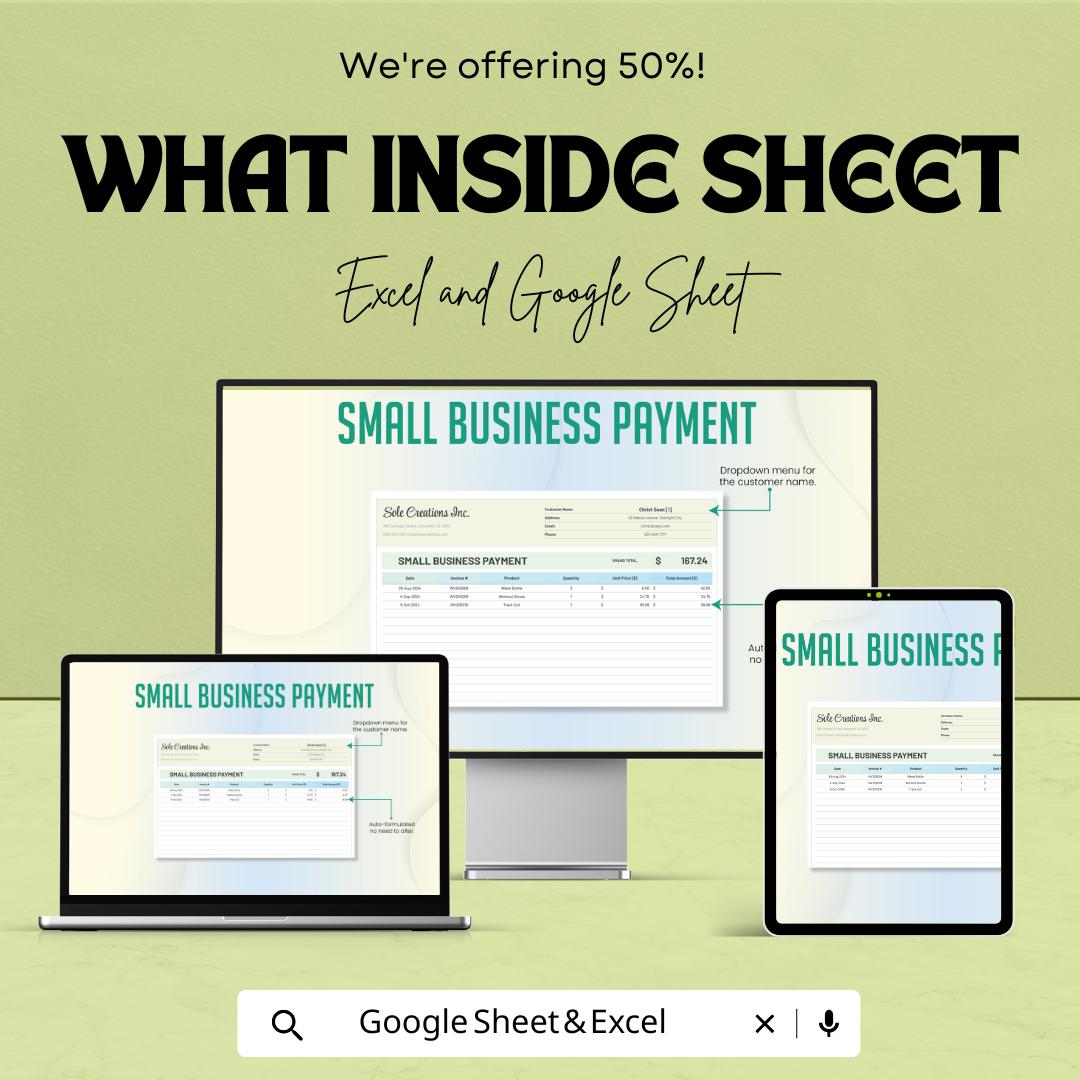 Small Business Payment Tracker Spreadsheet - Excel & Google Sheet Template for Payment Logs, Invoices, and Expenses