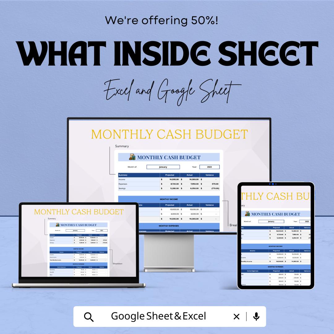 Monthly Cash Budget Sheet Excel & Google Sheets | Personal Finance Tracker and Strategic Cash Flow Template