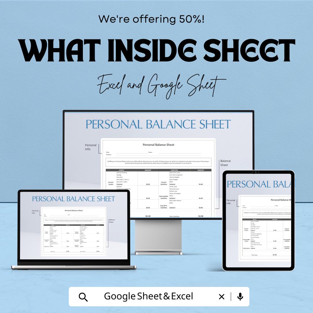 Personal Balance Sheet | Excel and Google Sheet | 50% OFF | Track Assets & Liabilities Template