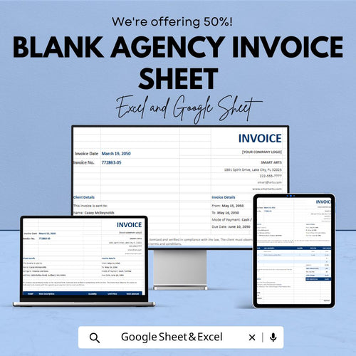 Blank Agency Invoice Template - Customizable Excel & Google Sheets - Easy-to-Use Professional Invoice
