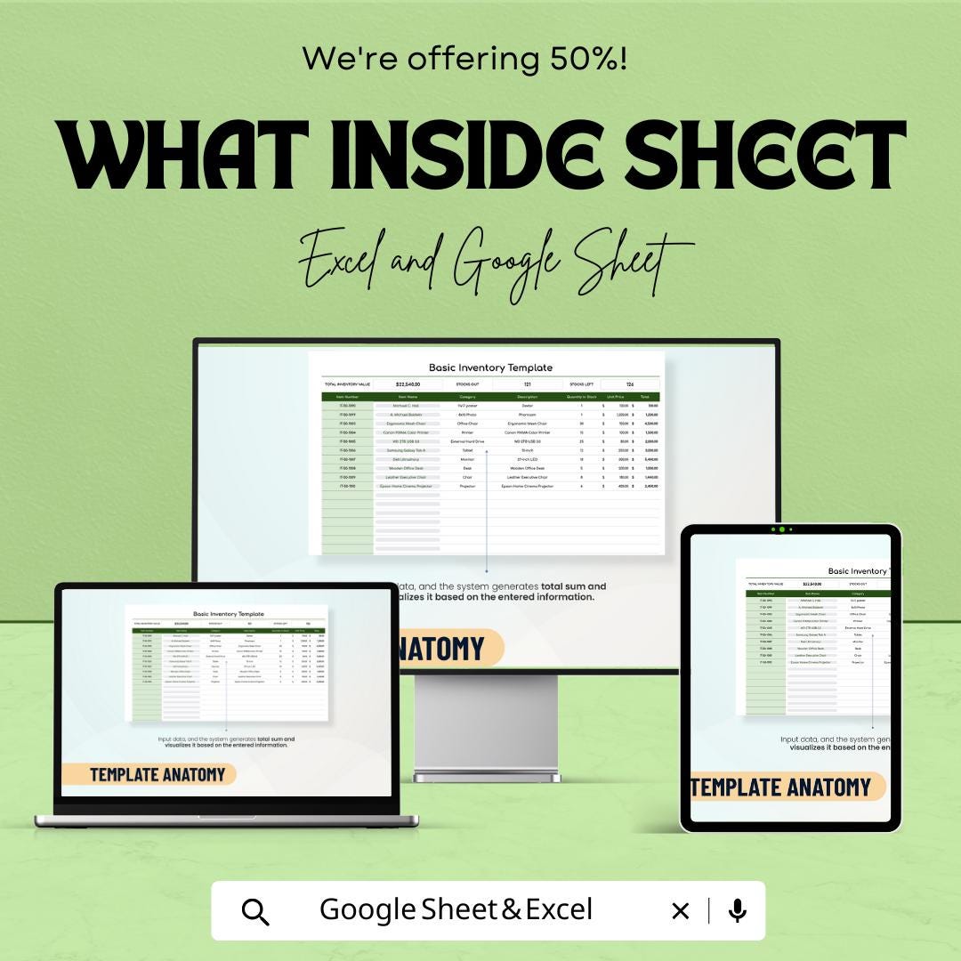 Basic Inventory Template | Stock Management Sheet | Excel & Google Sheet Tracker | Item Log | Small Business Inventory Tracker